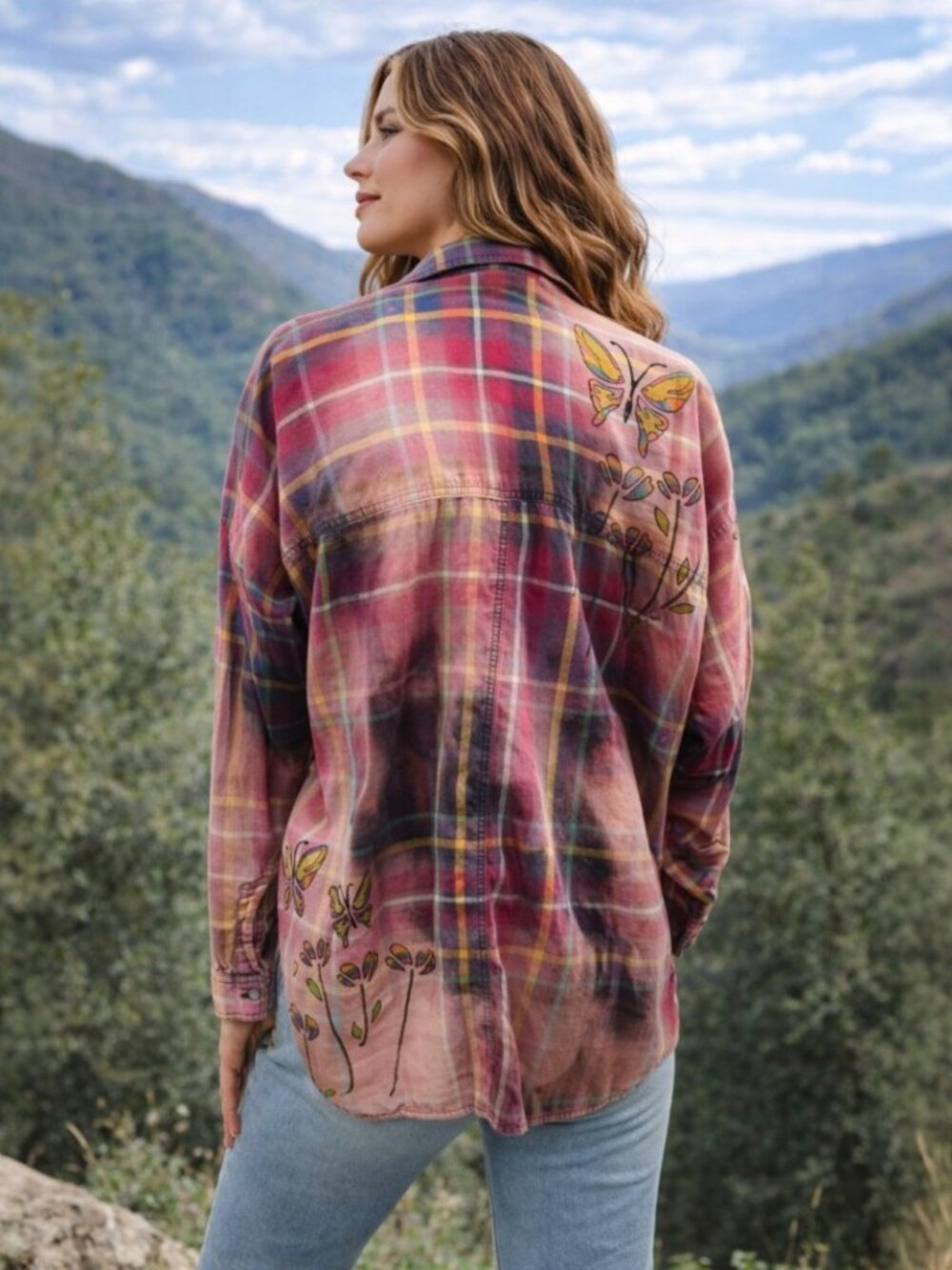 Upcycled Hand Painted Butterflies Flowers Flannel Shirt - Bleached Magenta Purpl